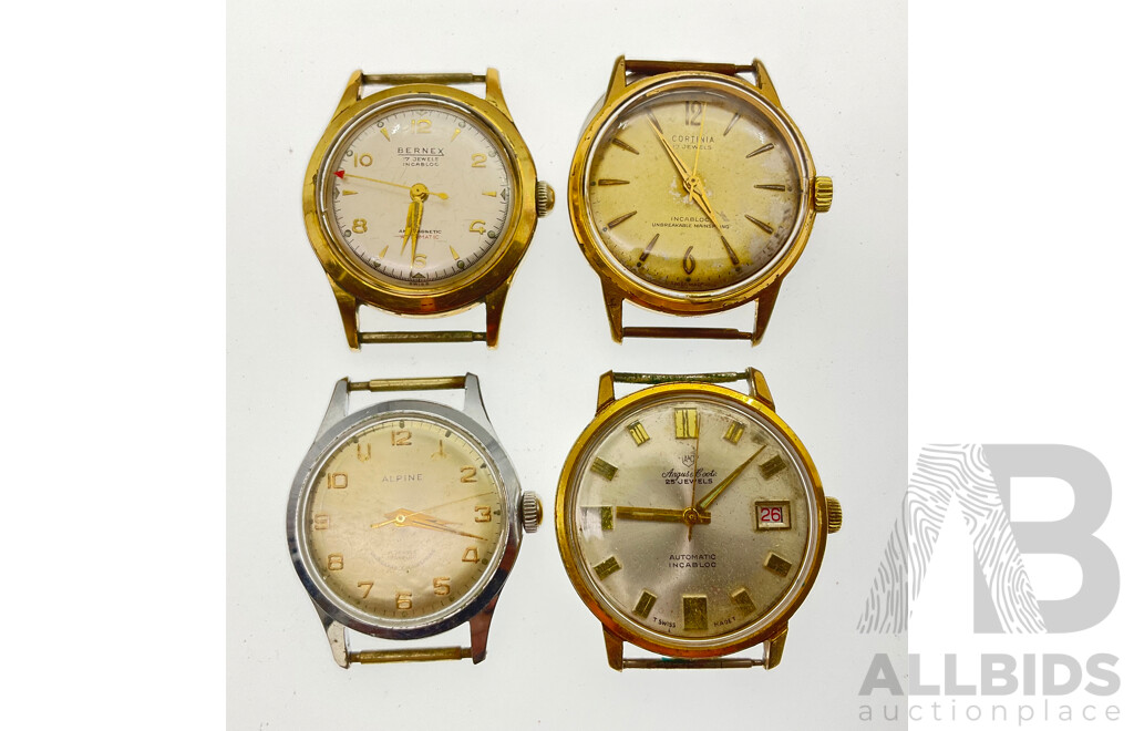 Four Vintage Men's Watches Including Angus & Coote Automatic Twenty Five Jewels, Bernex Automatic Seventeen Jewels, Cortinia Seventeen Jewels, Alpine Seventeen Jewel