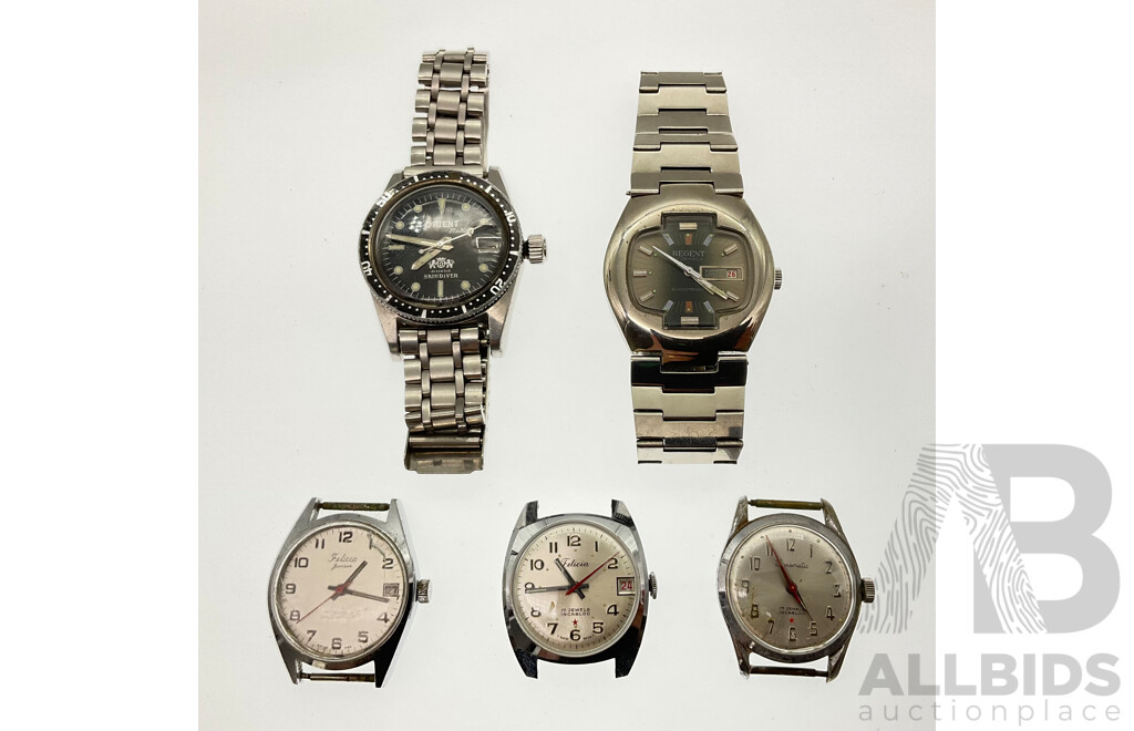 Five Men's Vintage Watches Including Felicia and Felicia Junior Seventeen Jewels, Swismatic Seventeen Jewel, Orient Matic Twenty One Jewel Skindiver and Regent Seventeen Jewel