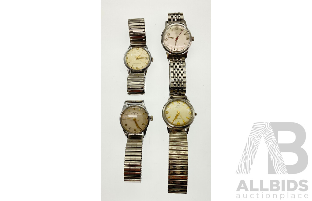 Four Vintage Stainless Steel Men's Wrist Watches Including Swiss Sentinel, Cyprus and Tiara, All Swiss Made