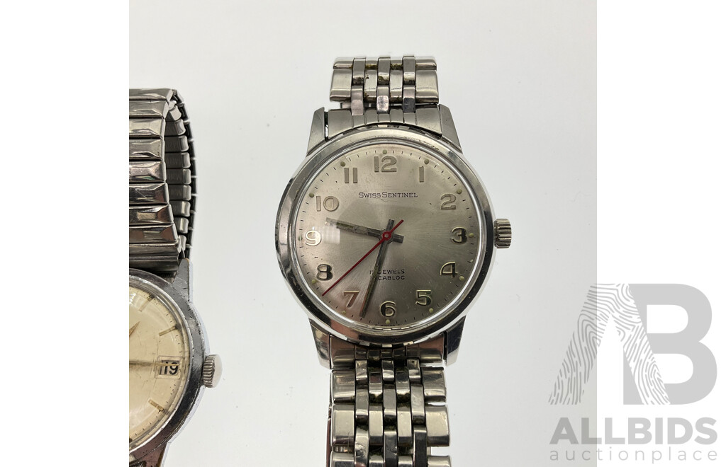 Four Vintage Stainless Steel Men's Wrist Watches Including Swiss Sentinel, Cyprus and Tiara, All Swiss Made