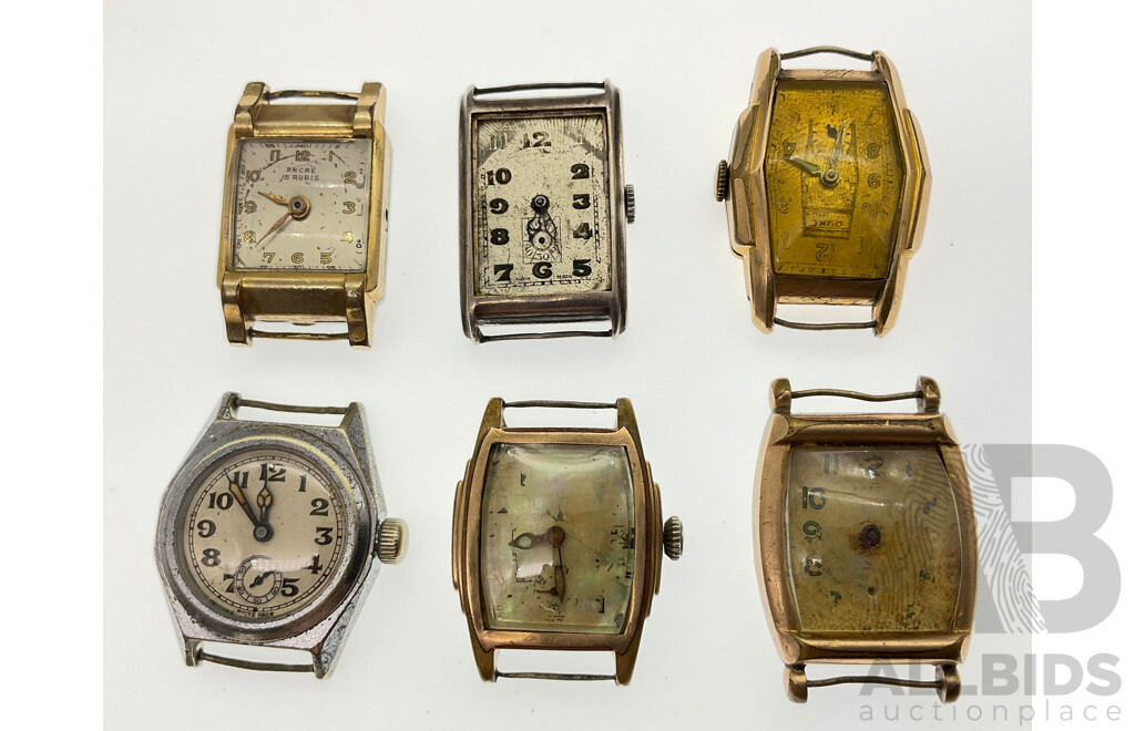 Collection of Vintage Art Deco Mechanical Watches for Repair of Parts Including Plated and Mother of Pearl, Ancre, Duke