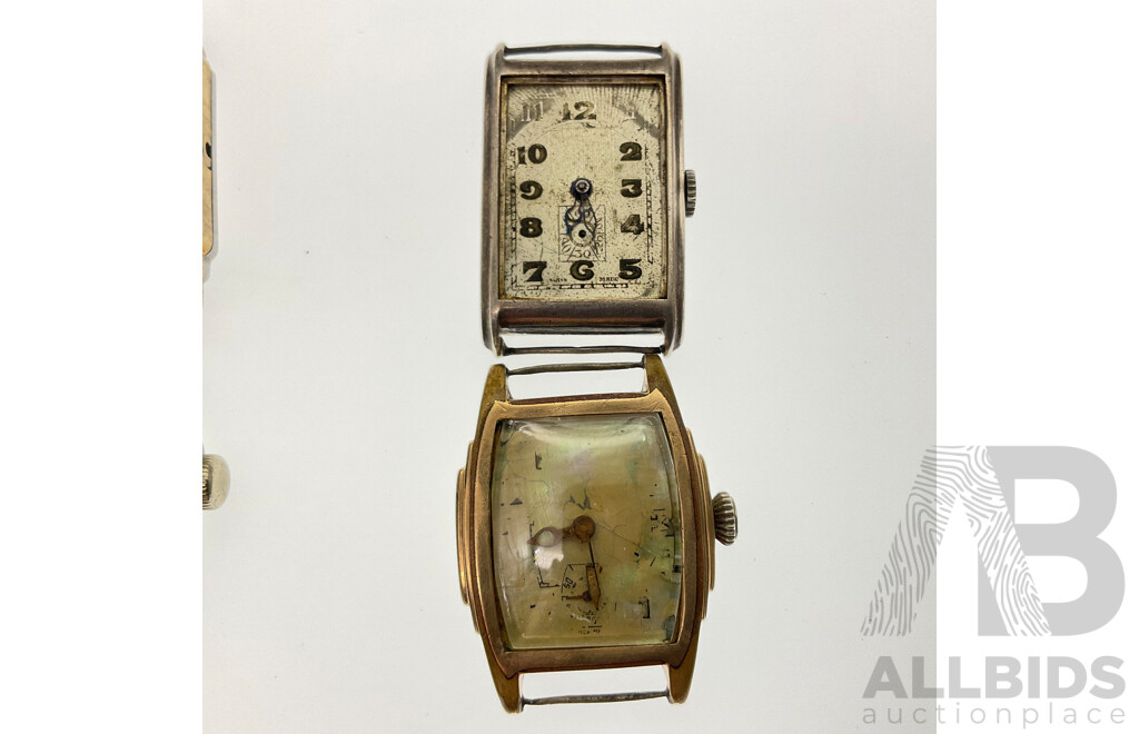 Collection of Vintage Art Deco Mechanical Watches for Repair of Parts Including Plated and Mother of Pearl, Ancre, Duke