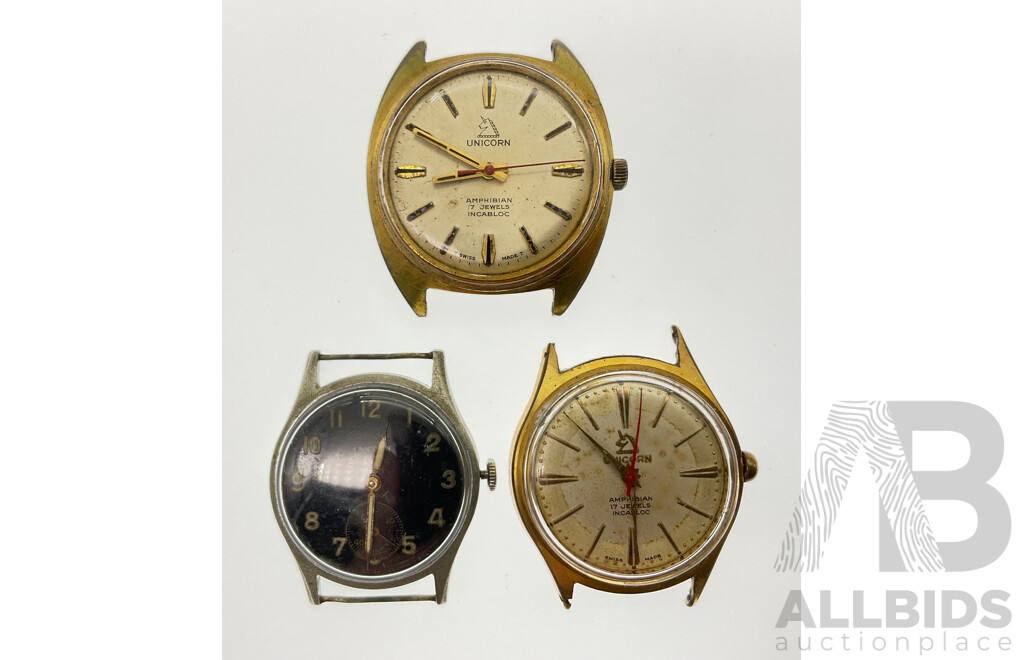 Three Vintage Unicorn Watches Including Two Amphibian and Example with Seconds Dial, Swiss Made