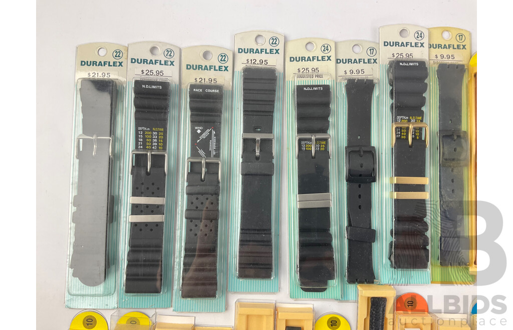 Collection of Duraflex Wrist Watch Straps in Original Packaging Including Men's, Women's, Leather and Rubber, Sizes 10-24