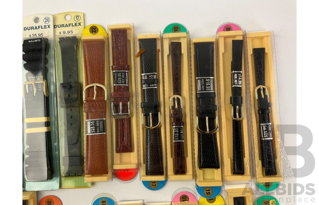 Collection of Duraflex Wrist Watch Straps in Original Packaging Including Men's, Women's, Leather and Rubber, Sizes 10-24