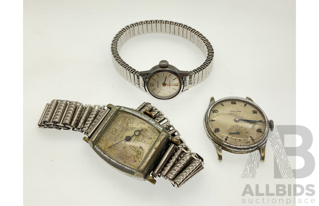 Three Vintage Unicorn Silver Tone Watches Including Amphibian, Swiss Made