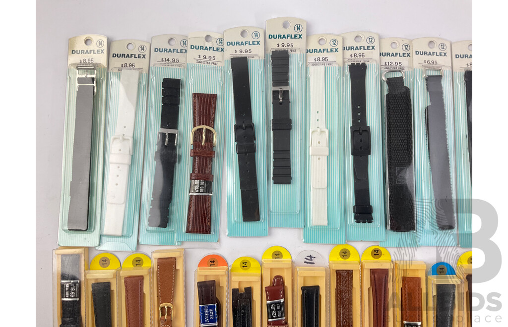 Collection of Duraflex Wrist Watch Straps in Original Packaging Including Men's, Women's, Leather and Rubber, Sizes 9-14