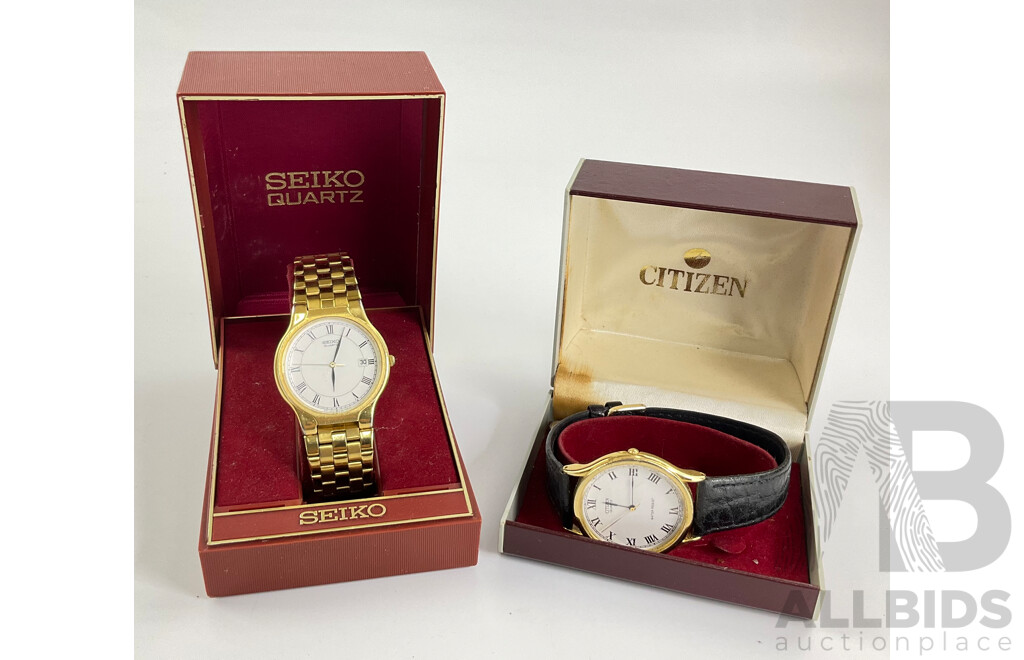 Vintage Boxed Seiko Gold Tone Watch with Date Function and Citizen with Roman Numeral Face