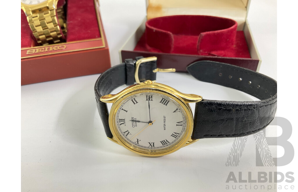 Vintage Boxed Seiko Gold Tone Watch with Date Function and Citizen with Roman Numeral Face