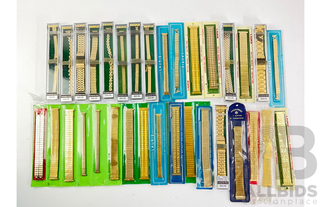 Collection of Vintage Gold Tone Wrist Watch Straps Including Lauris and Duraflex