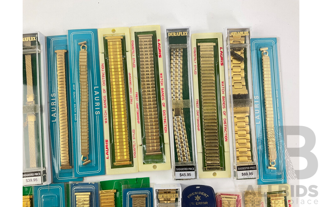 Collection of Vintage Gold Tone Wrist Watch Straps Including Lauris and Duraflex