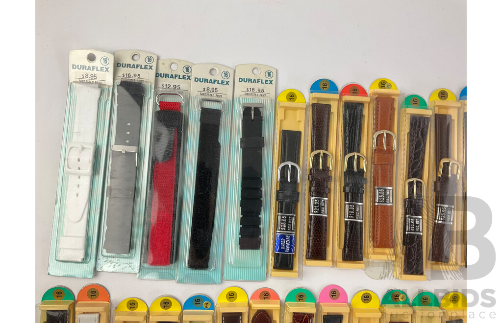 Collection of Duraflex Wrist Watch Bands in Original Packaging Including Men's, Women's, Leather and Rubber, Size 16