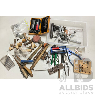 Collection of Traditional Jewellery Making Tools Including Dies, Pliers, Engraving Tools, Chrome Bar Trolley on Castors and More