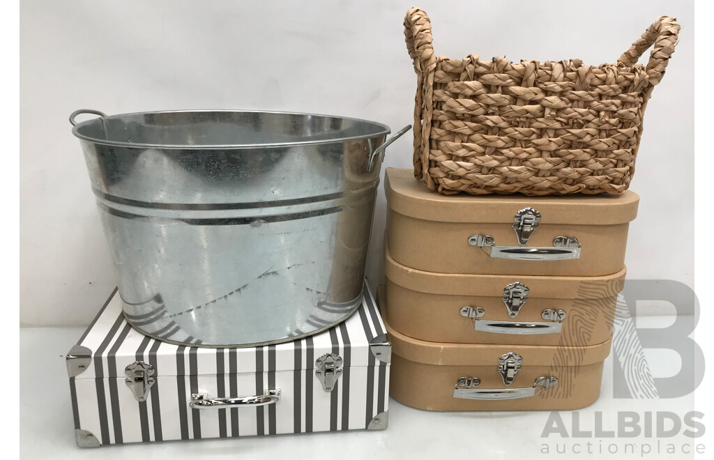 Assorted Containers Including Tin Bucket, Gift Boxes, and Wicker Basket