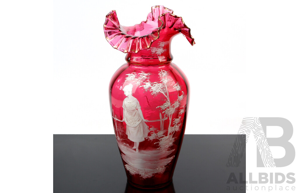 Nice Antique Late Victorian Mary Gregory Hand Decorated Cranberry Glass Vase with Ruffled Rim