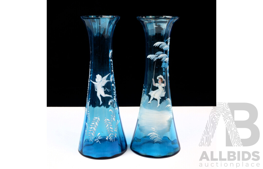 Near Pair Antique Late Victorian Mary Gregory Hand Decorated Blue Vases with Different Scenes to Each