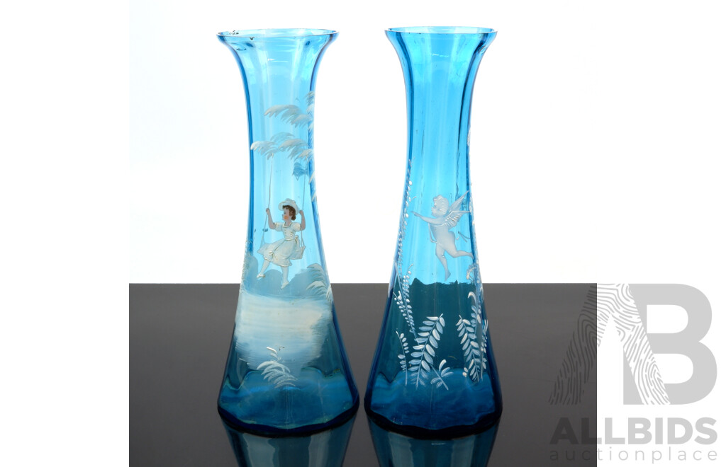 Near Pair Antique Late Victorian Mary Gregory Hand Decorated Blue Vases with Different Scenes to Each