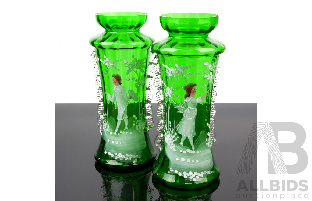 Pair Antique Late Victorian Mary Gregory Hand Decorated  Apple Green Vase with Courting Boy & Girl Motif and Applied Clear Glass Frills to Side