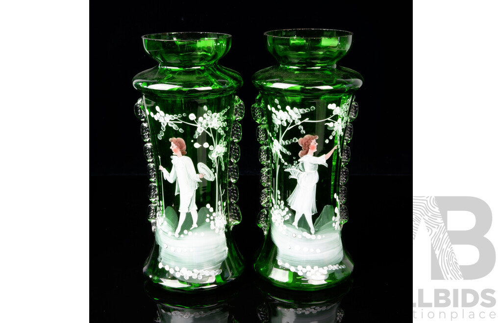 Pair Antique Late Victorian Mary Gregory Hand Decorated  Apple Green Vase with Courting Boy & Girl Motif and Applied Clear Glass Frills to Side