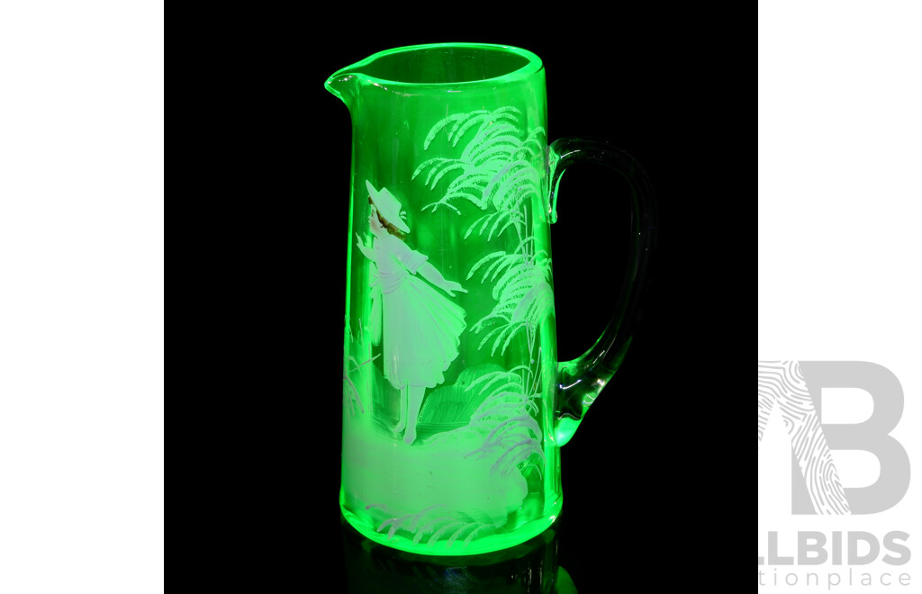 Unusual Antique Late Victorian Mary Gregory Hand Decorated Uranium Glass Pitcher