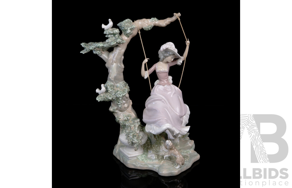 Elegant Large Retired Lladro Victorian Girl on Swing Porcelain Sculpture by Salvador Debon