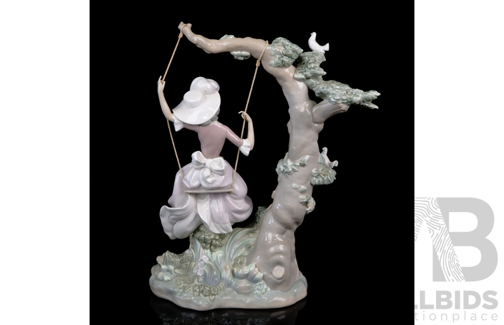 Elegant Large Retired Lladro Victorian Girl on Swing Porcelain Sculpture by Salvador Debon