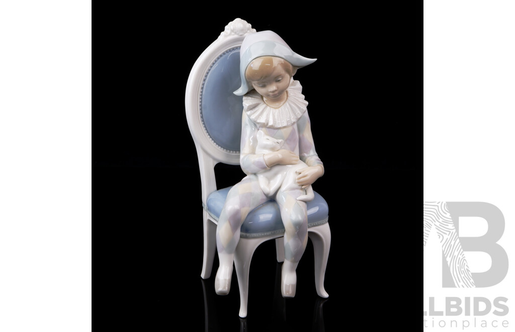 Large Retired Lladro Young Harlequin Holding Cat on Chair Porcelain Sculpture Designed by Fulgencio Garcia