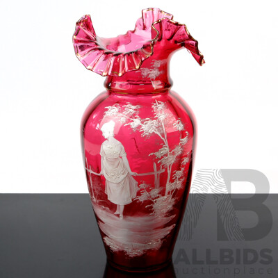 Nice Antique Late Victorian Mary Gregory Hand Decorated Cranberry Glass Vase with Ruffled Rim