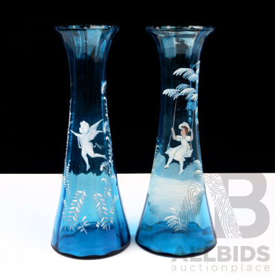 Near Pair Antique Late Victorian Mary Gregory Hand Decorated Blue Vases with Different Scenes to Each