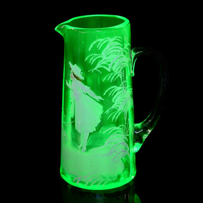 Unusual Antique Late Victorian Mary Gregory Hand Decorated Uranium Glass Pitcher