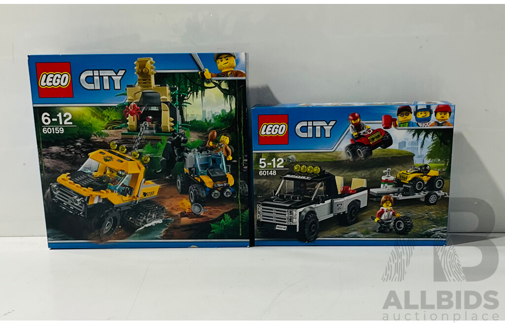 Collection of Two LEGO City Sets Including LEGO ATV Race Team 60148 and LEGO Jungle Half Track Mission 60159 Repackaged in Original Box