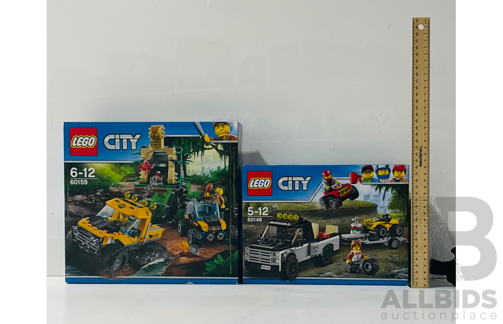 Collection of Two LEGO City Sets Including LEGO ATV Race Team 60148 and LEGO Jungle Half Track Mission 60159 Repackaged in Original Box