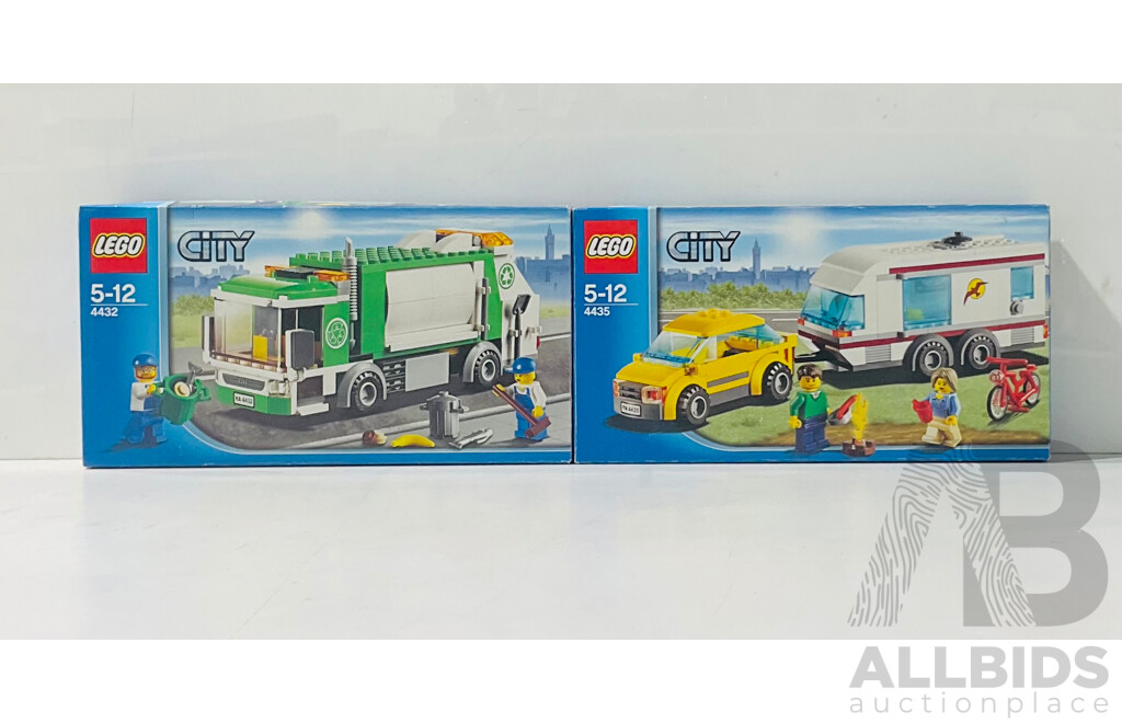 Two LEGO City Sets Including LEGO Car and Caravan 4435 and LEGO Garbage Truck 4432 Repackaged in Original Box