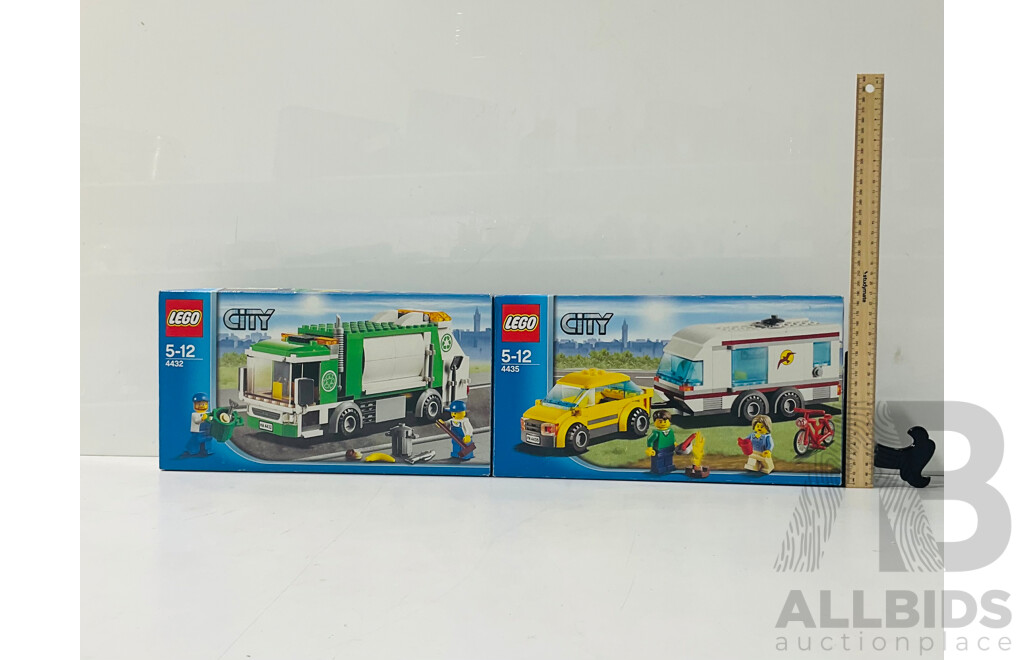 Two LEGO City Sets Including LEGO Car and Caravan 4435 and LEGO Garbage Truck 4432 Repackaged in Original Box