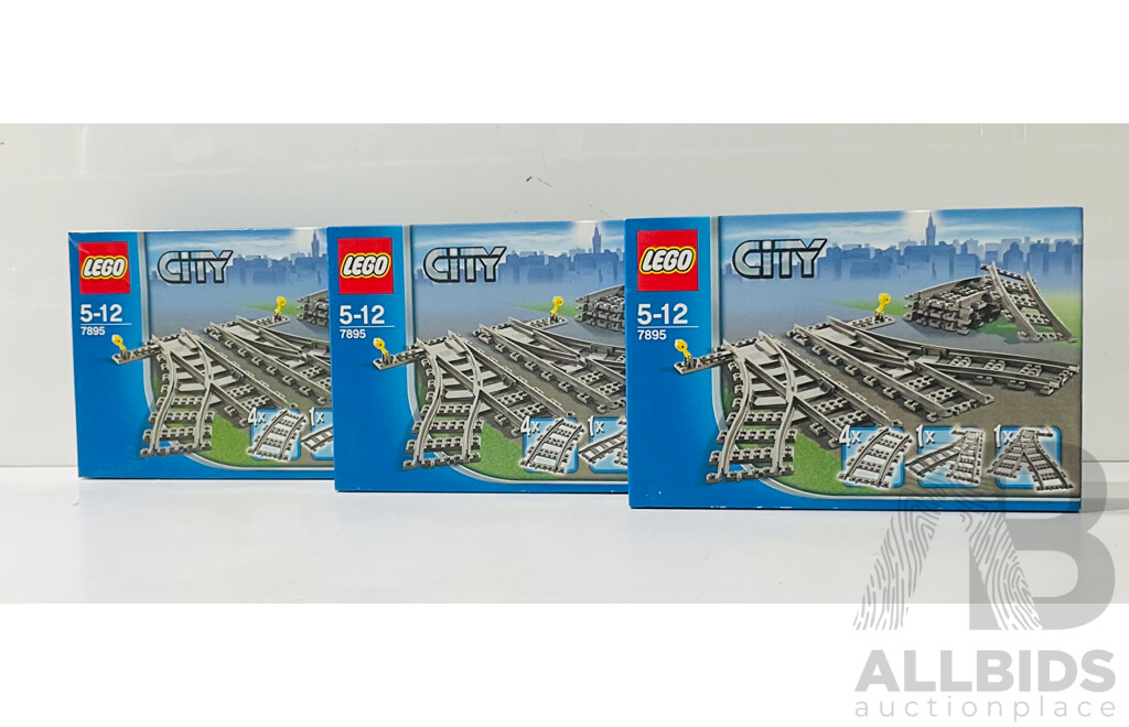 Three LEGO City Switching Train Tracks Set 7895 in Original Packaging