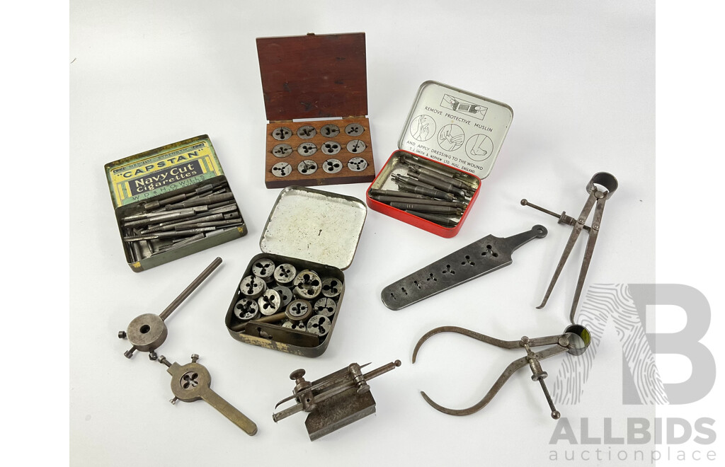 Collection of Small Vintage Taps, Dies, Truing Stand and Calipers Including Lehmann Makers, P&W Co, GTD USA and More