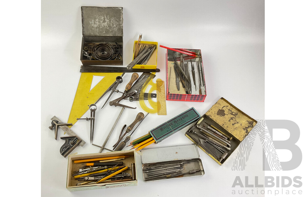 Collection of Vintage Drafting Tools, Calipers, Scribes, Sliding Square, Files and Clock Parts