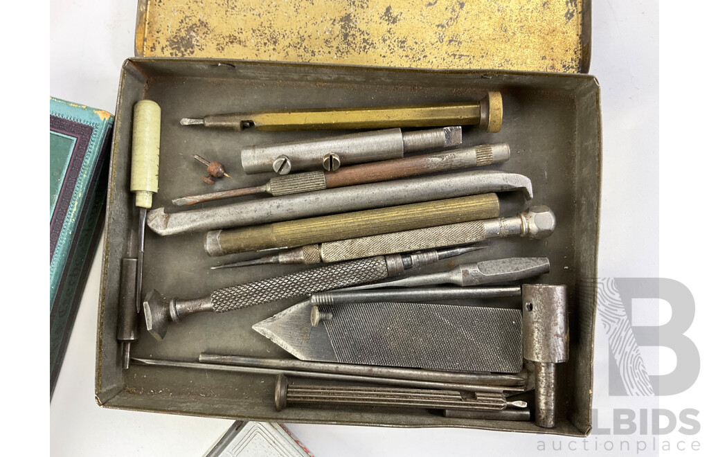 Collection of Vintage Drafting Tools, Calipers, Scribes, Sliding Square, Files and Clock Parts