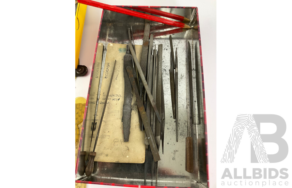 Collection of Vintage Drafting Tools, Calipers, Scribes, Sliding Square, Files and Clock Parts