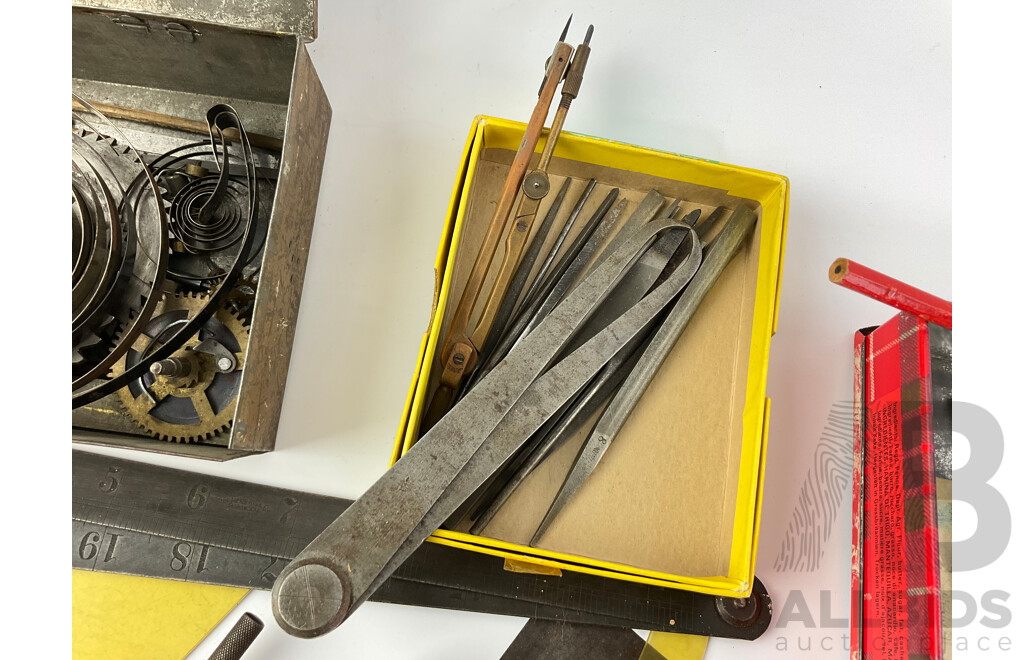 Collection of Vintage Drafting Tools, Calipers, Scribes, Sliding Square, Files and Clock Parts