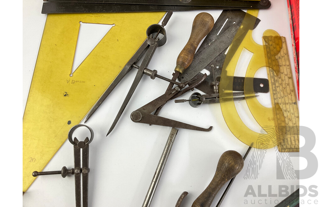 Collection of Vintage Drafting Tools, Calipers, Scribes, Sliding Square, Files and Clock Parts