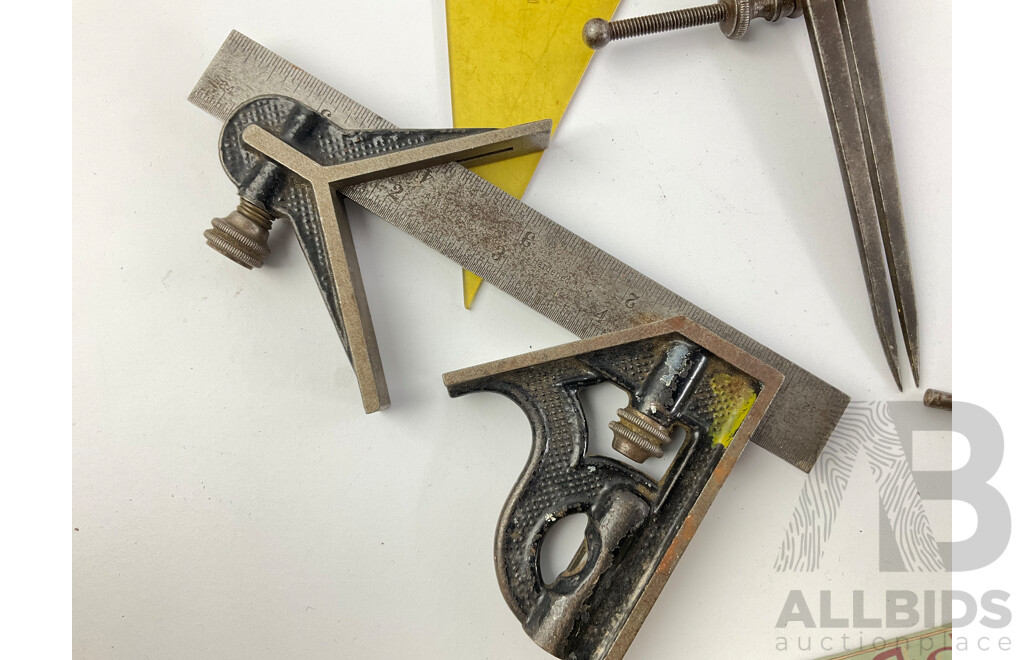 Collection of Vintage Drafting Tools, Calipers, Scribes, Sliding Square, Files and Clock Parts