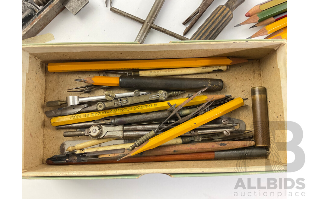 Collection of Vintage Drafting Tools, Calipers, Scribes, Sliding Square, Files and Clock Parts