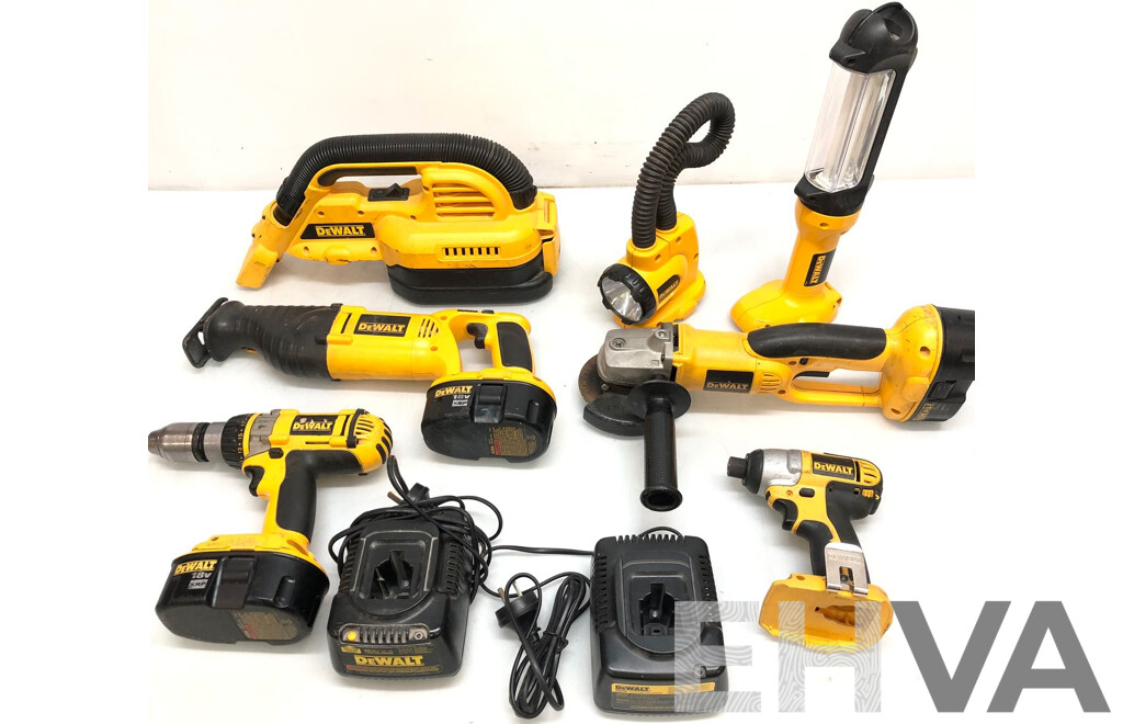 Seven DeWalt 18 Volt Cordless Power Tools, Three Batteries and Two Battery Chargers