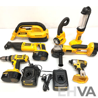 Seven DeWalt 18 Volt Cordless Power Tools, Three Batteries and Two Battery Chargers