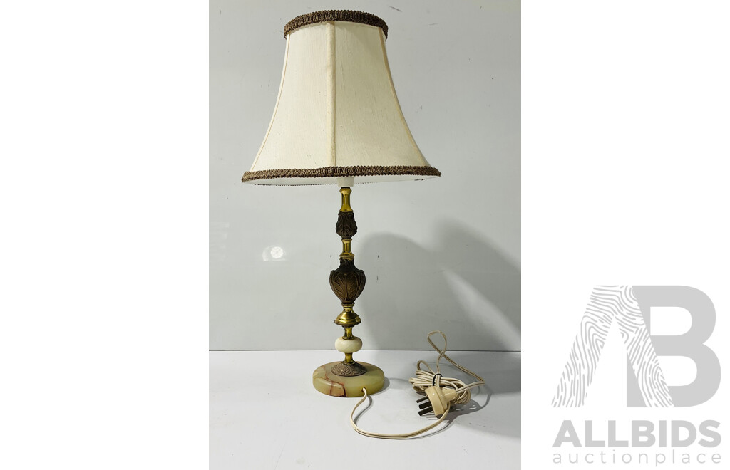 Vintage Lamp with Brass and Alabaster Base and Cloth Lampshade