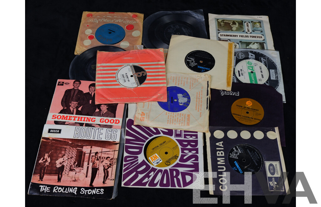 Collection 15 Vintage Vinyl Seven Inch Single Records Including Two Beatles Titles, The Shadows, The Rolling Stones, Creedence and More