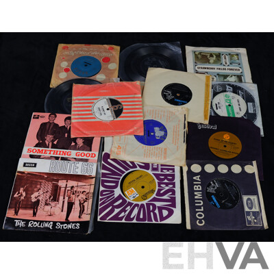 Collection 15 Vintage Vinyl Seven Inch Single Records Including Two Beatles Titles, The Shadows, The Rolling Stones, Creedence and More