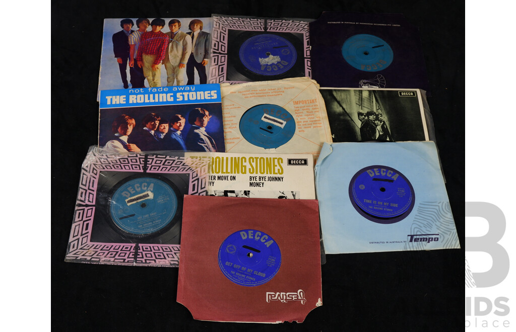 Great Collection Ten Rolling Stones Vinyl Seven Inch Single Records Including Satisfaction, Route 66, Its All Over Now, Time is on My Side, Poison Ivy, Get Off of My Cloud and More