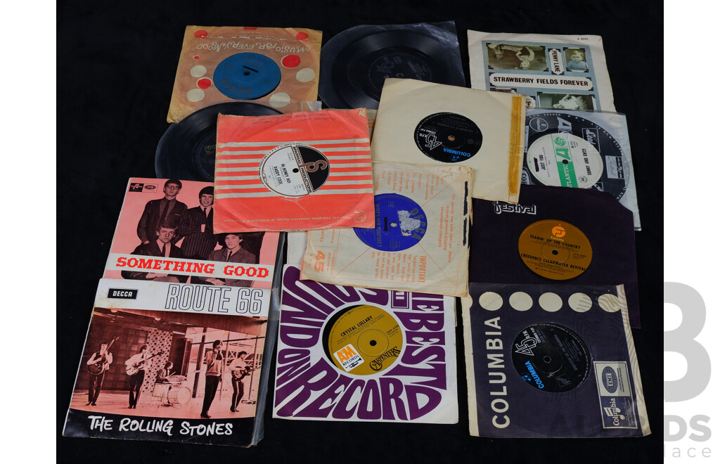 Collection 15 Vintage Vinyl Seven Inch Single Records Including Two Beatles Titles, The Shadows, The Rolling Stones, Creedence and More